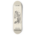 Skateboard deck with a design of a skull face with flowers and the text 'Est. 2026' on a white background.